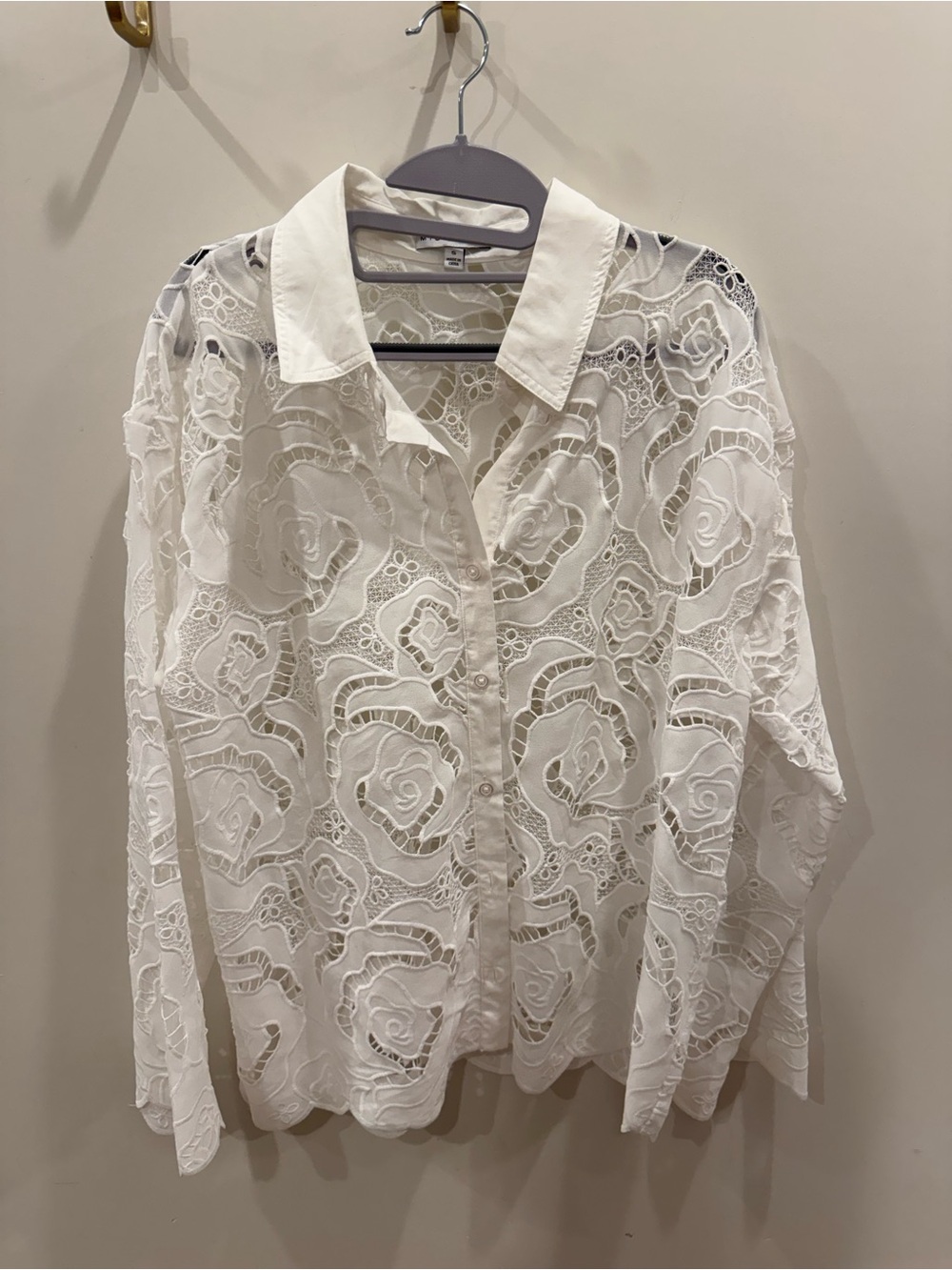 Women's White Lace Button-Down Shirt with Collar